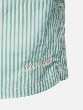 Patmos Jr sage green seersucker striped mid-length swim shorts