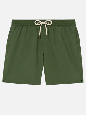 Patmos-Badeshorts in Militärgrün mit Used-Effekt und Logostickerei 