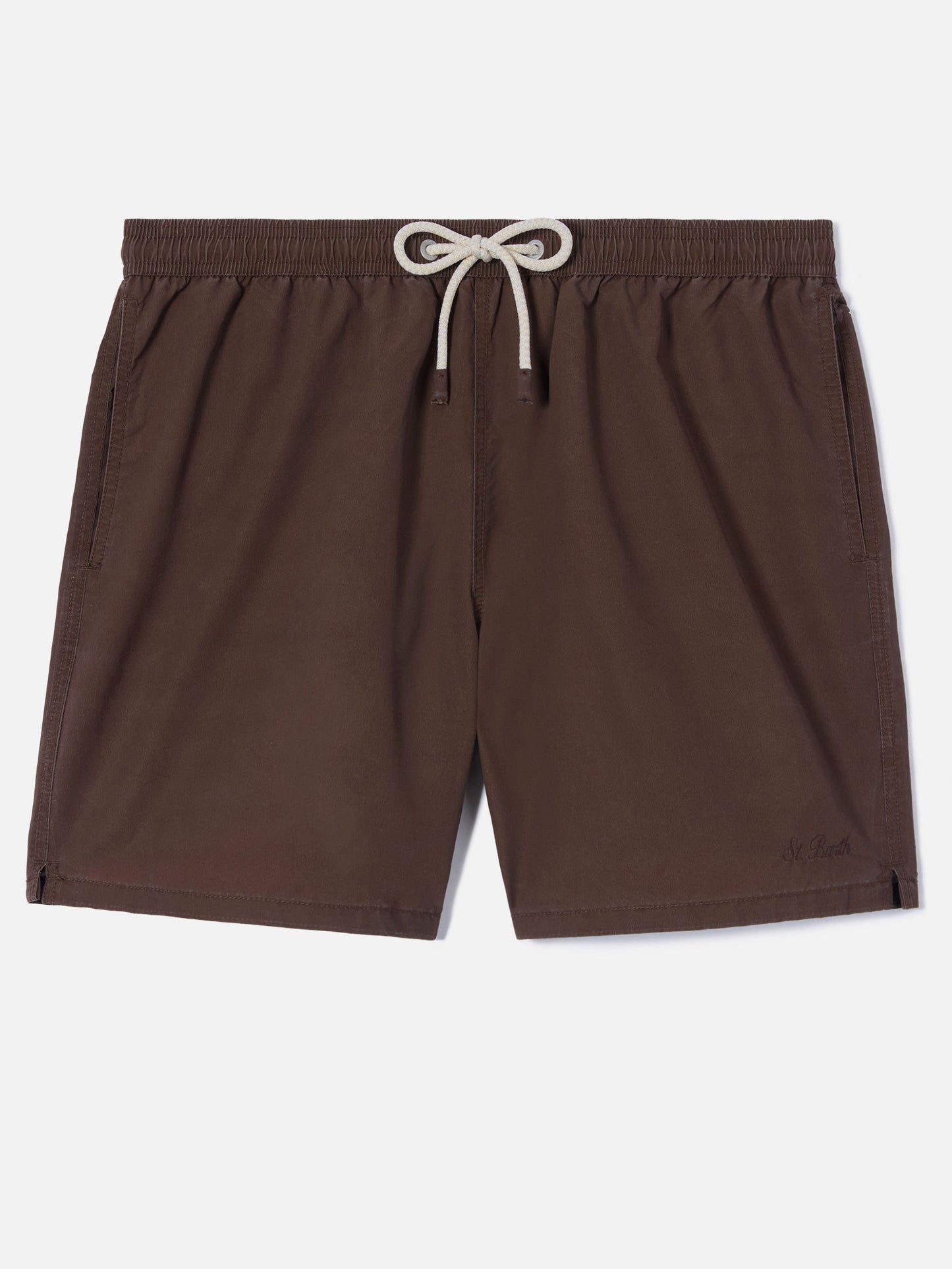Patmos swim shorts in brown with used effect and logo embroidery