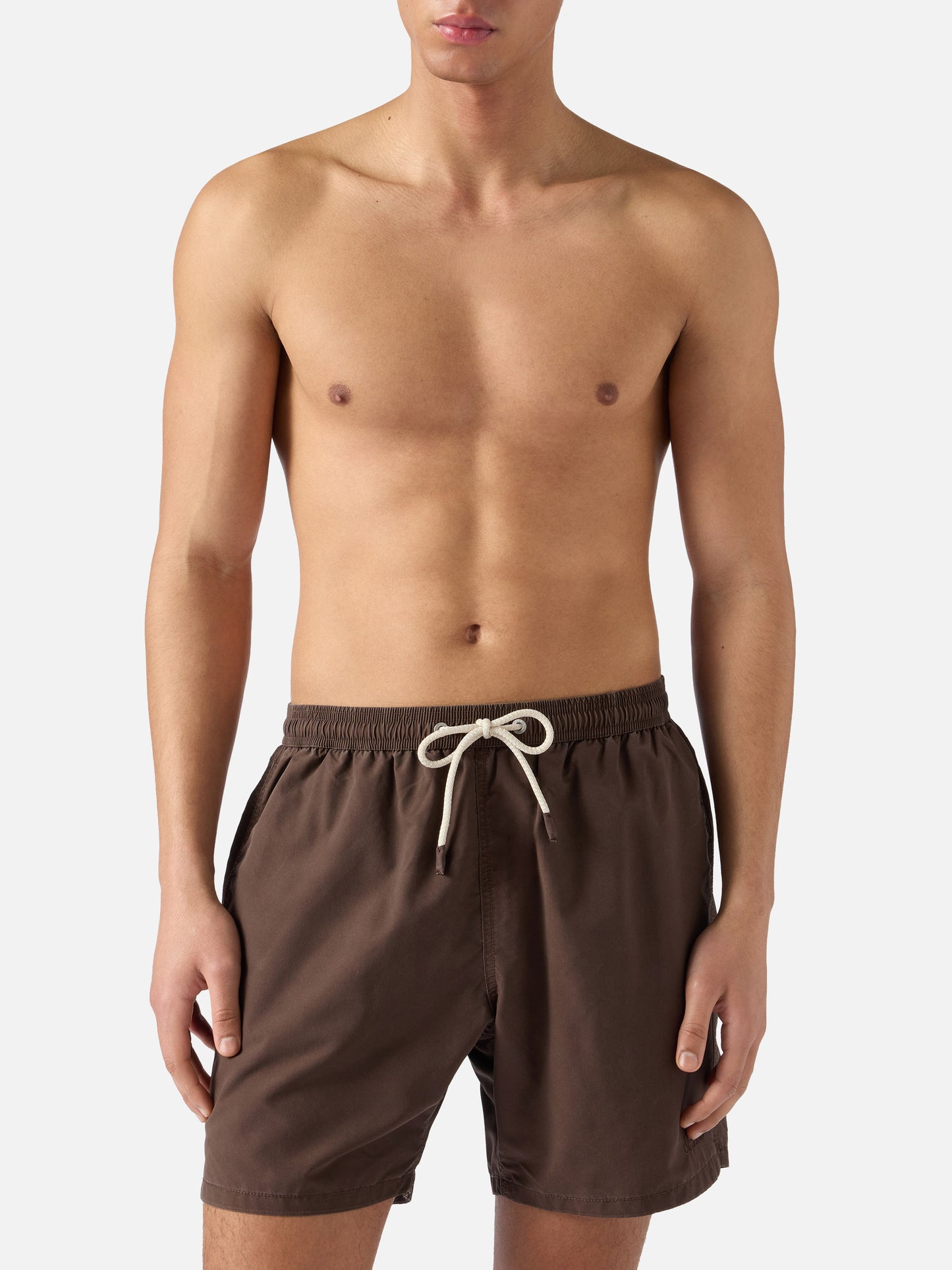 Patmos swim shorts in brown with used effect and logo embroidery