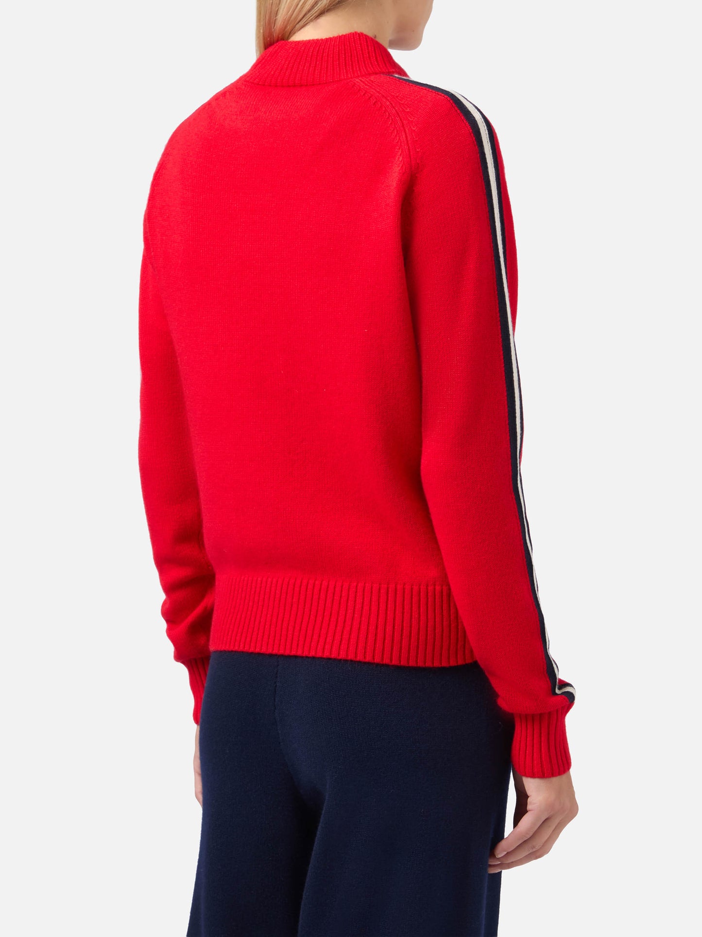 Peak cashmere-blend mock-neck sweater in red with Ski Lover rhinestone appliqué