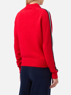 Peak cashmere-blend mock-neck sweater in red with Ski Lover rhinestone appliqué