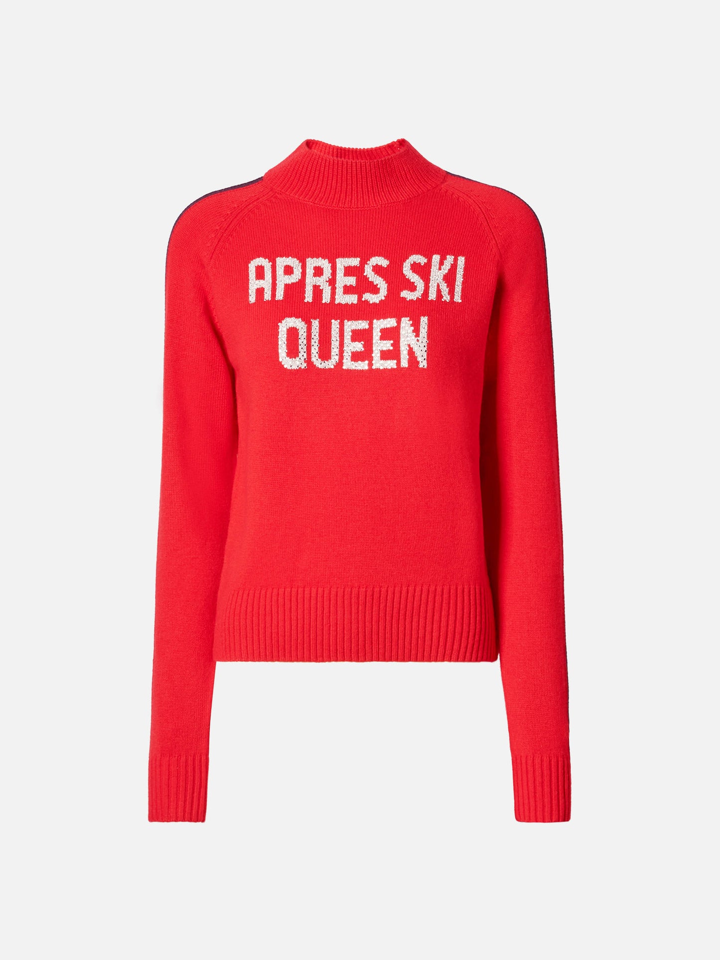 Peak cashmere-blend mock-neck sweater in red with Ski Lover rhinestone appliqué