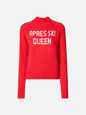 Peak cashmere-blend mock-neck sweater in red with Ski Lover rhinestone appliqué