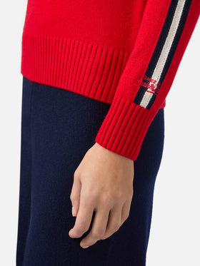 Peak cashmere-blend mock-neck sweater in red with Ski Lover rhinestone appliqué