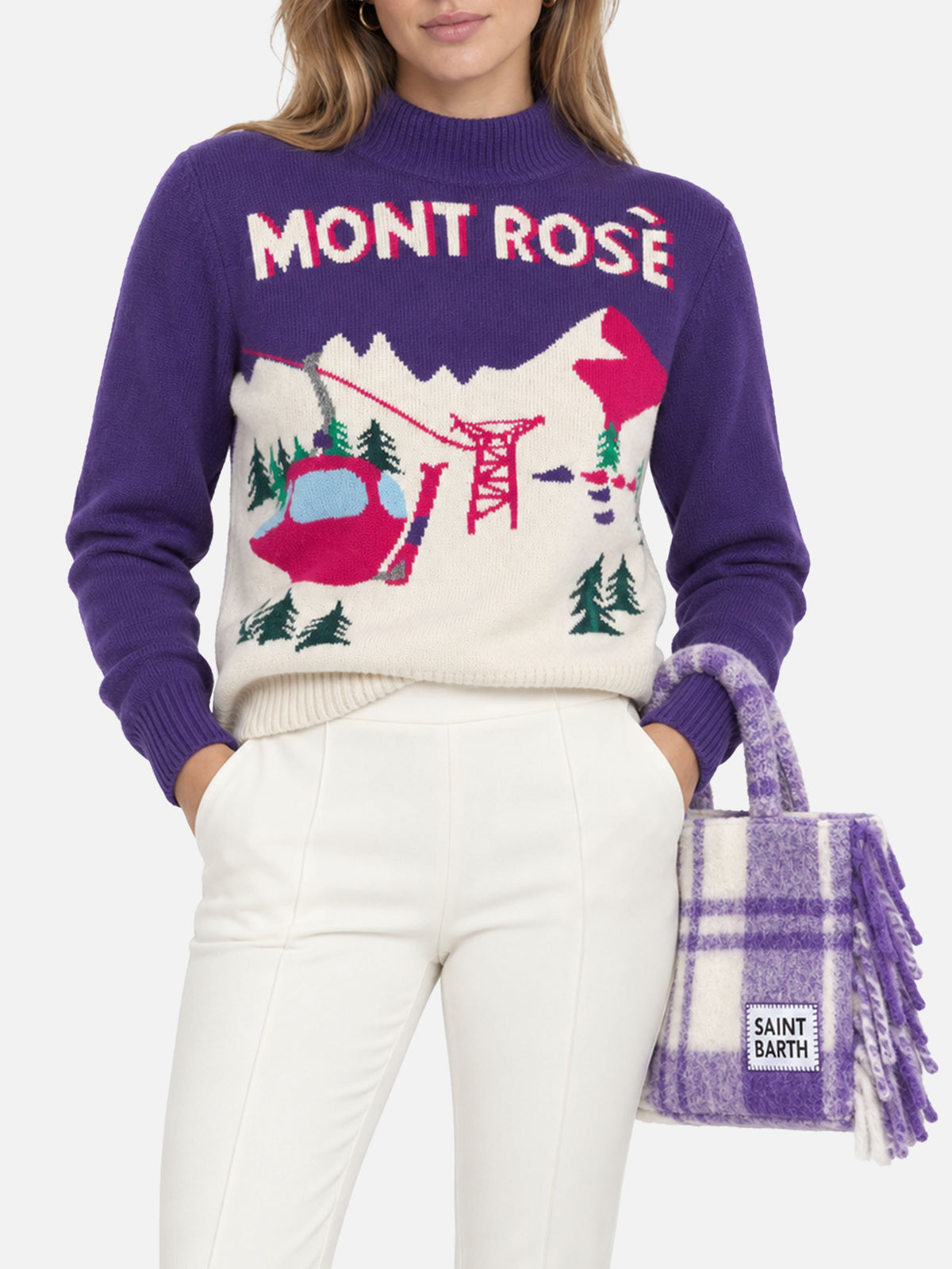 Pull violet intense avec carte postale Mont Rosè 