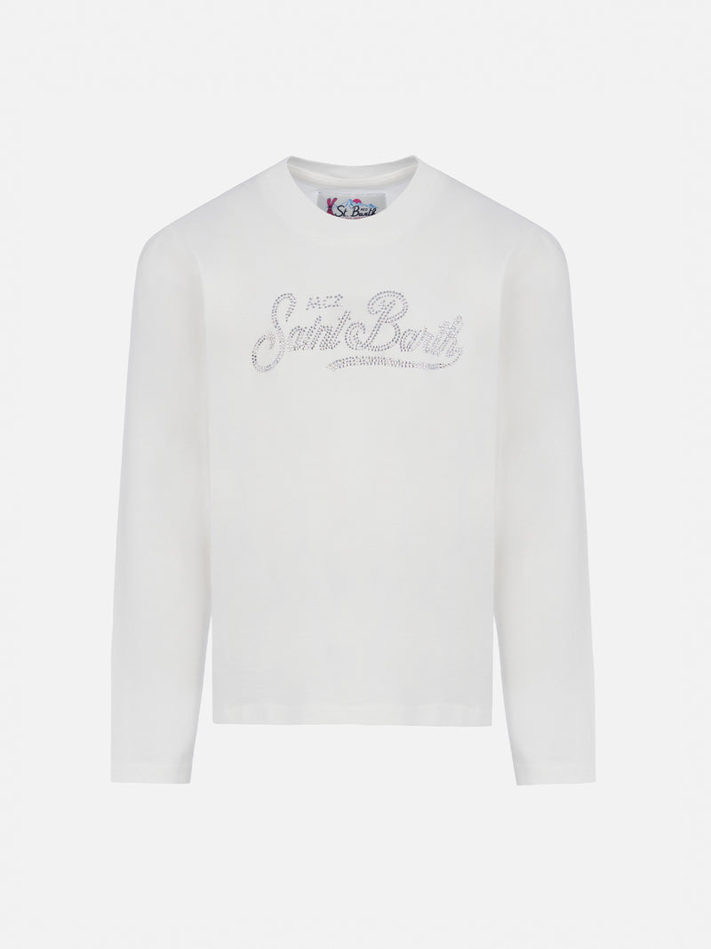 Girl white long-sleeve t-shirt Penny with Saint Barth rhinestones logo