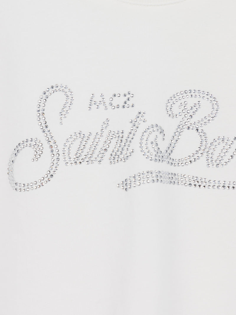 T-shirt bianca a maniche lunghe da bambina Penny con logo Saint Barth in strass