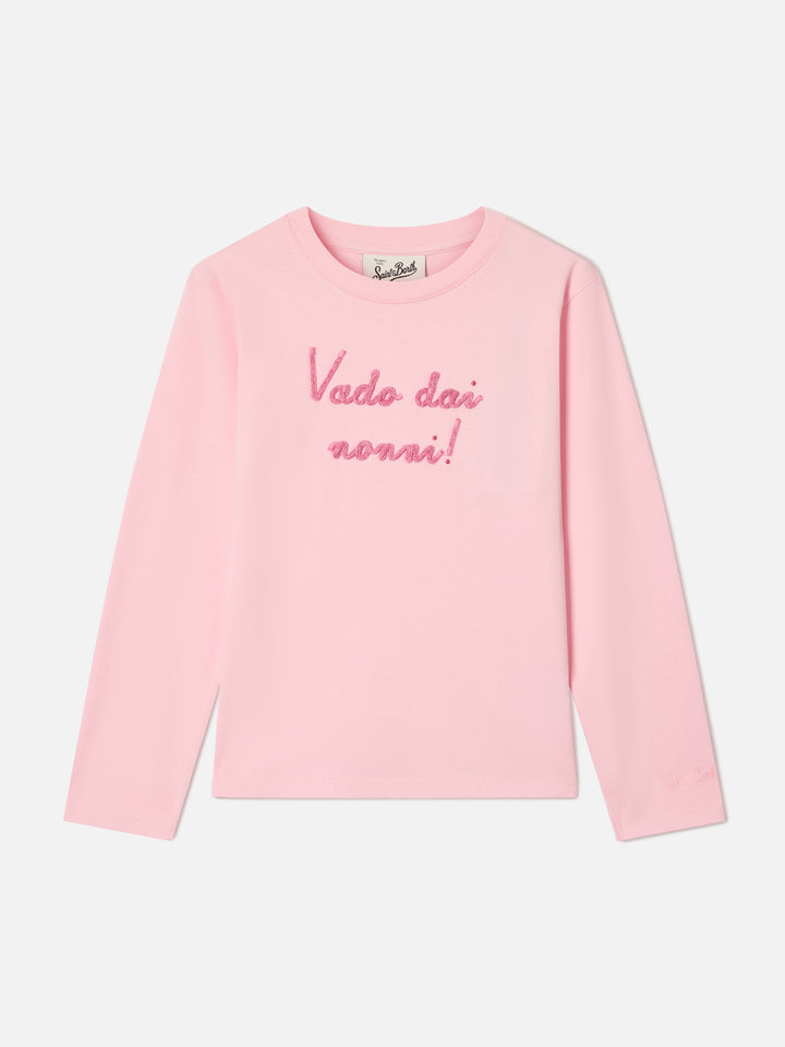 T-shirt Penny rosa a manica lunga in cotone organico con ricamo Vado Dai Nonni