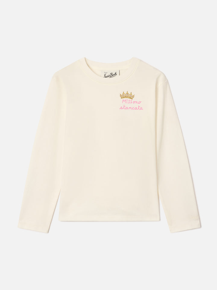 T-shirt Penny panna a manica lunga in cotone con ricamo Miss Sono Stancata