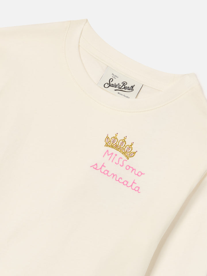 T-shirt Penny panna a manica lunga in cotone con ricamo Miss Sono Stancata