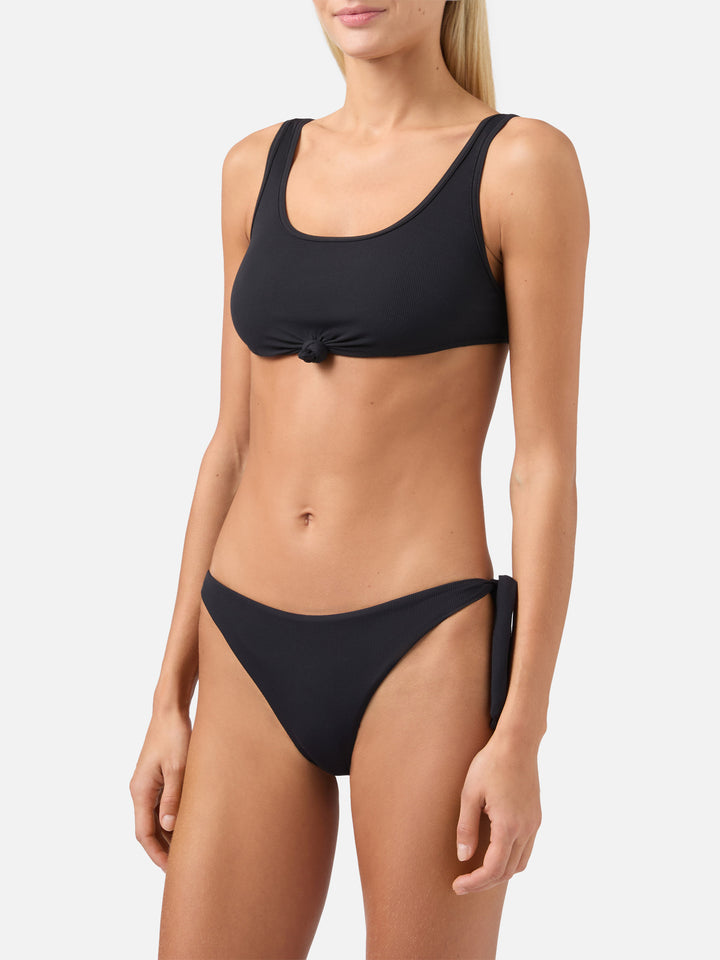 Bikini bralette Petra Yali a costine nere con nodo frontale