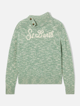 Sage Philomene turtleneck wool knit with logo embroidery