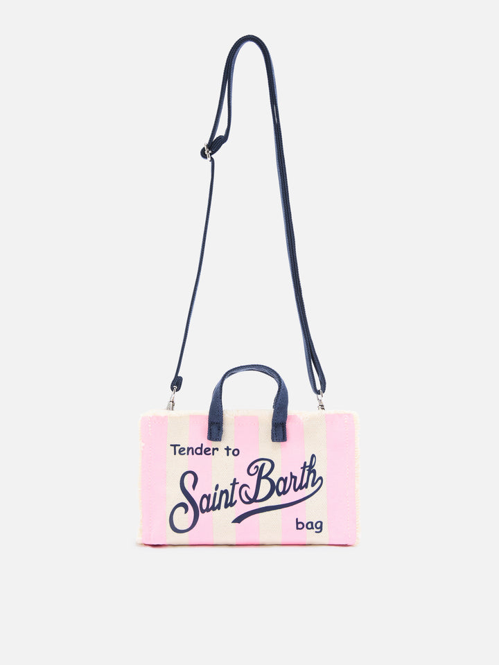 Micro Phone canvas bag with white and pink stripes and contrasting logo