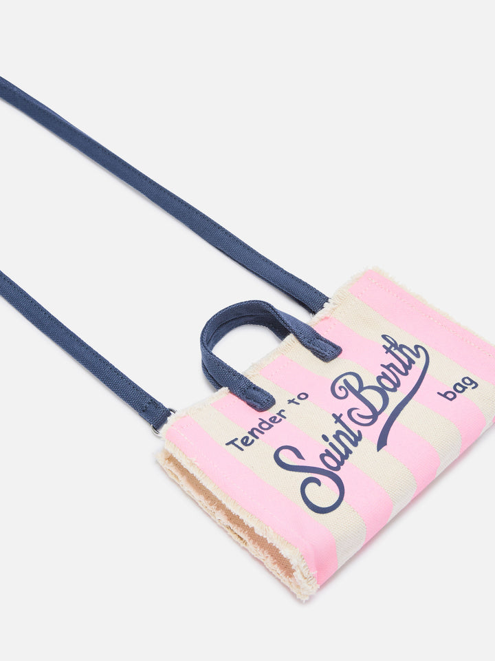 Micro Phone canvas bag with white and pink stripes and contrasting logo