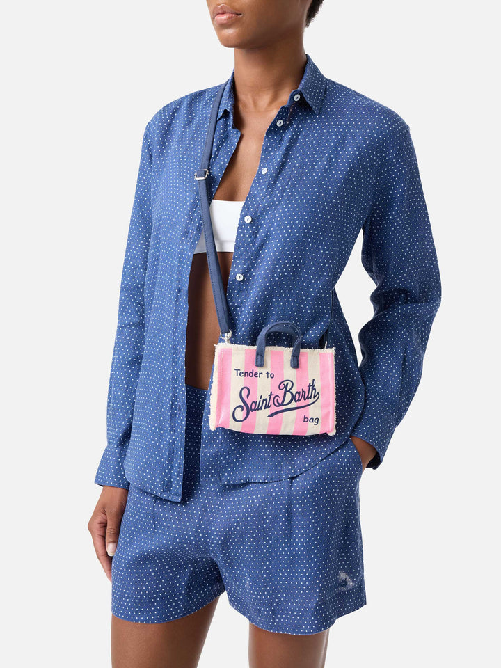 Borsa Phone micro in canvas a righe bianche e rosa con logo a contrasto