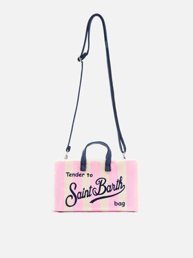 Mikro-Canvas-Tasche Phone mit weißen und rosa Streifen und kontrastierendem Logo 