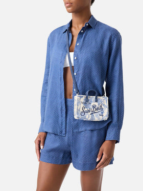 Borsa Phone micro in canvas con stampa toile de jouy azzurro e logo a contrasto
