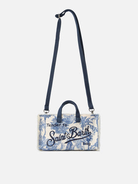 Borsa Phone micro in canvas con stampa toile de jouy azzurro e logo a contrasto