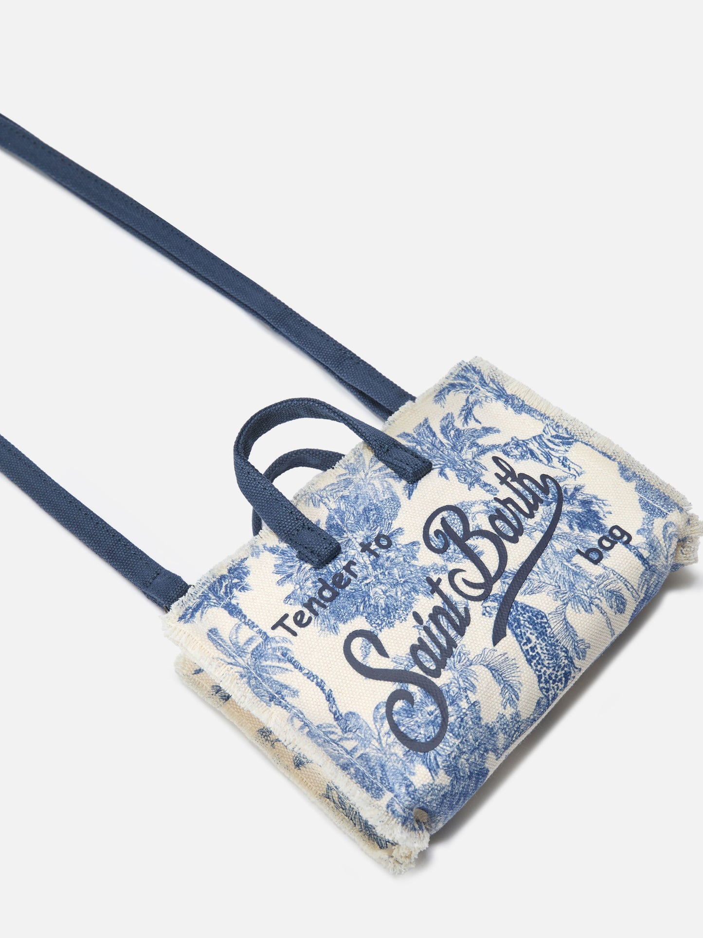 Borsa Phone micro in canvas con stampa toile de jouy azzurro e logo a contrasto