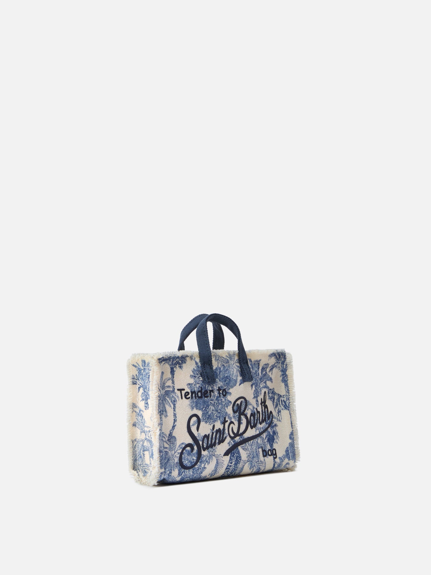 Borsa Phone micro in canvas con stampa toile de jouy azzurro e logo a contrasto