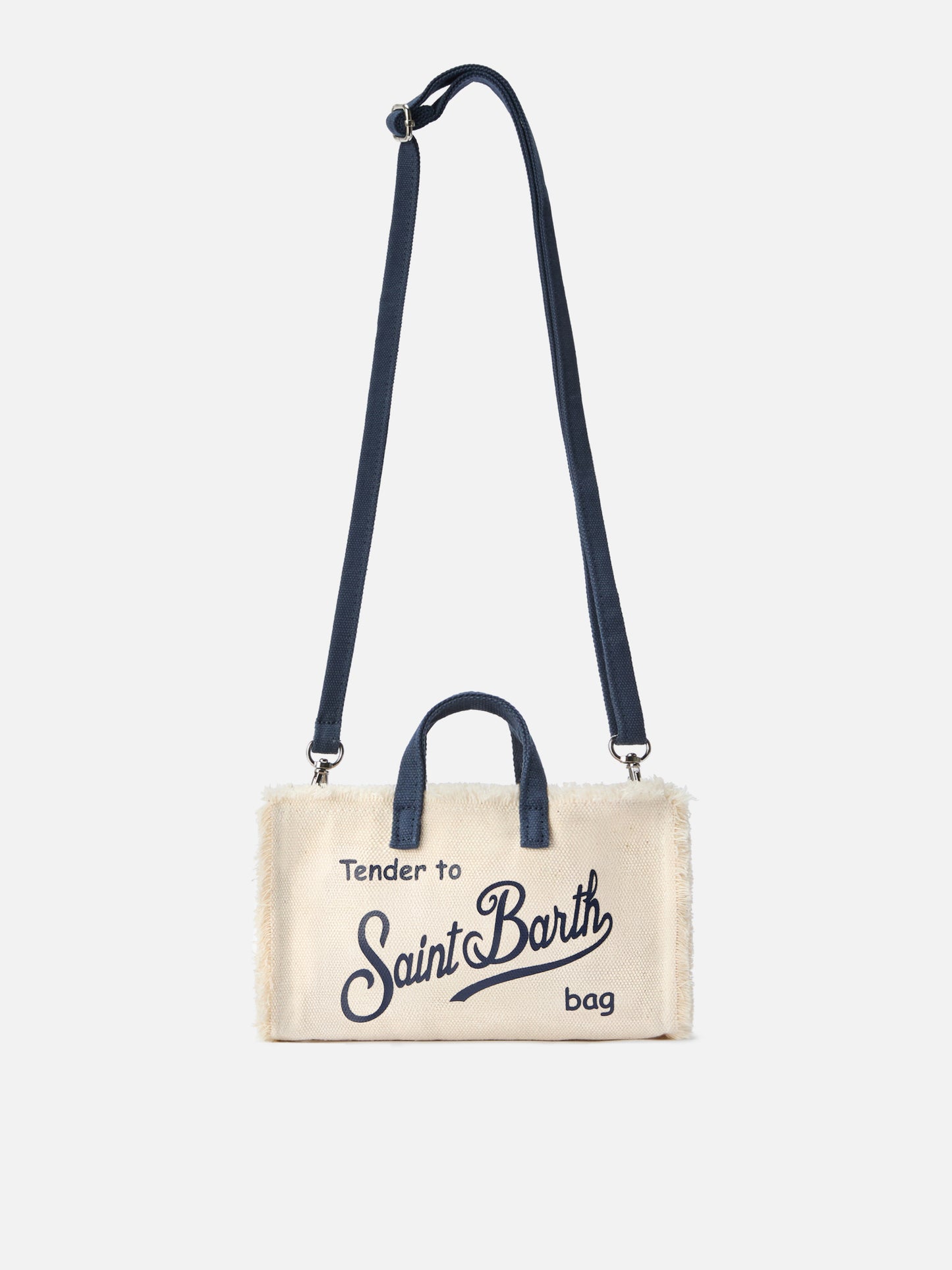 micro Phone canvas bag in white with blue details and contrasting logo