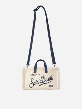 micro Phone canvas bag in white with blue details and contrasting logo