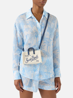 micro Phone canvas bag in white with blue details and contrasting logo