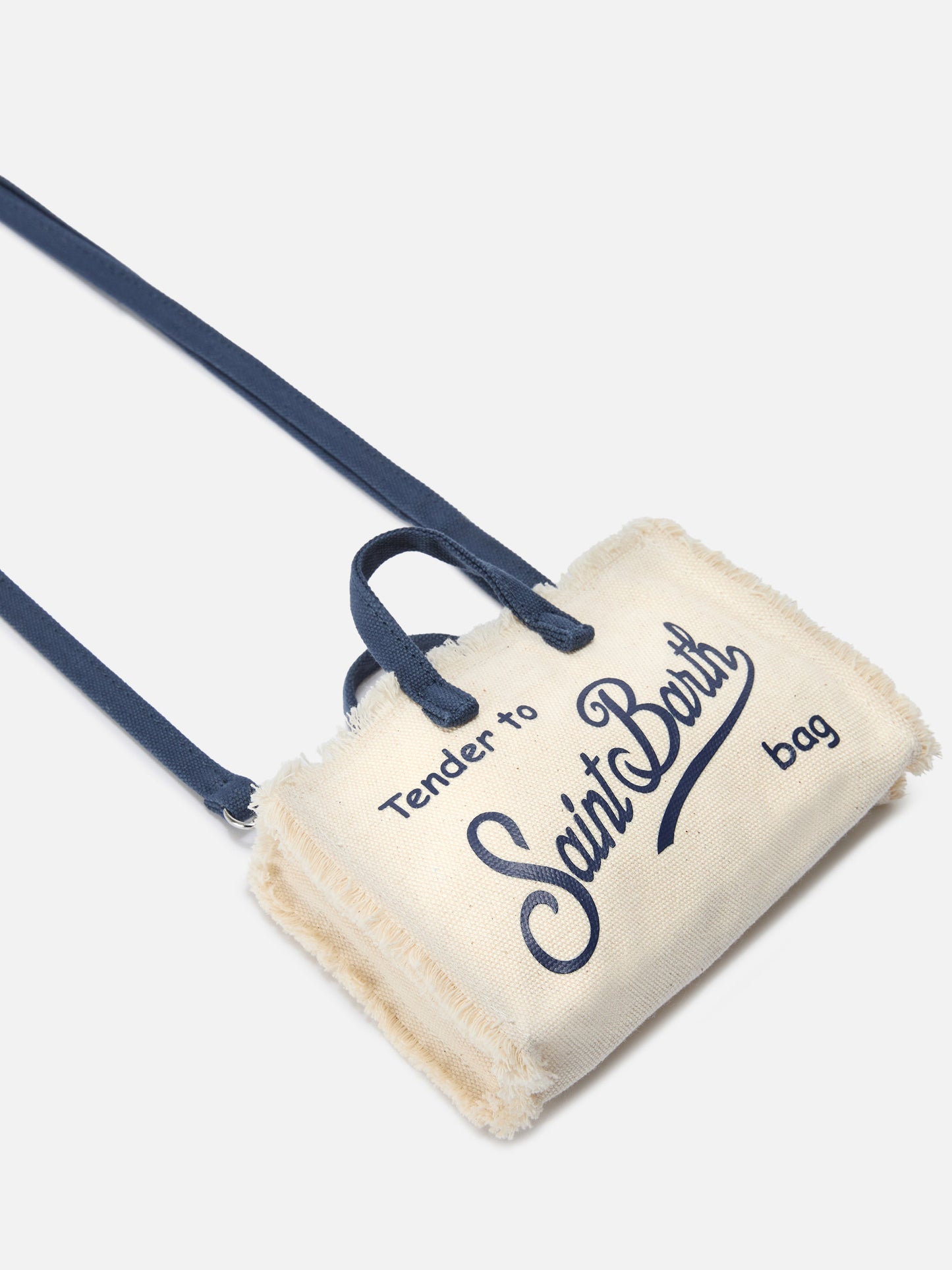micro Phone canvas bag in white with blue details and contrasting logo