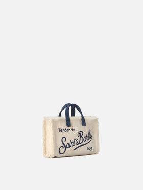 micro Phone canvas bag in white with blue details and contrasting logo