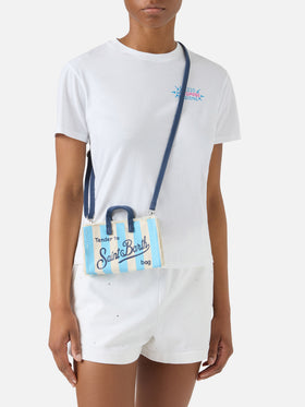 Sac en toile Micro Phone à rayures blanches et bleu clair avec logo contrasté 