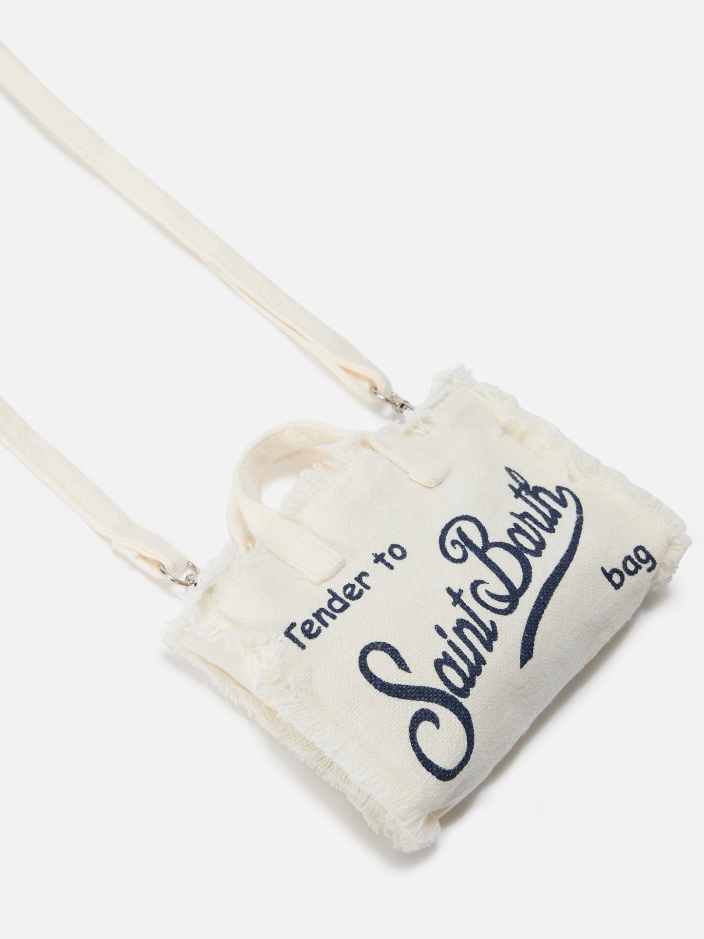 Borsa Phone micro in lino bianco tinta unita con logo a contrasto