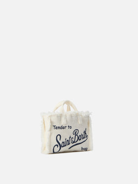 Borsa Phone micro in lino bianco tinta unita con logo a contrasto