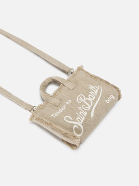 micro bolso Phone de lino beige liso con logo en contraste 