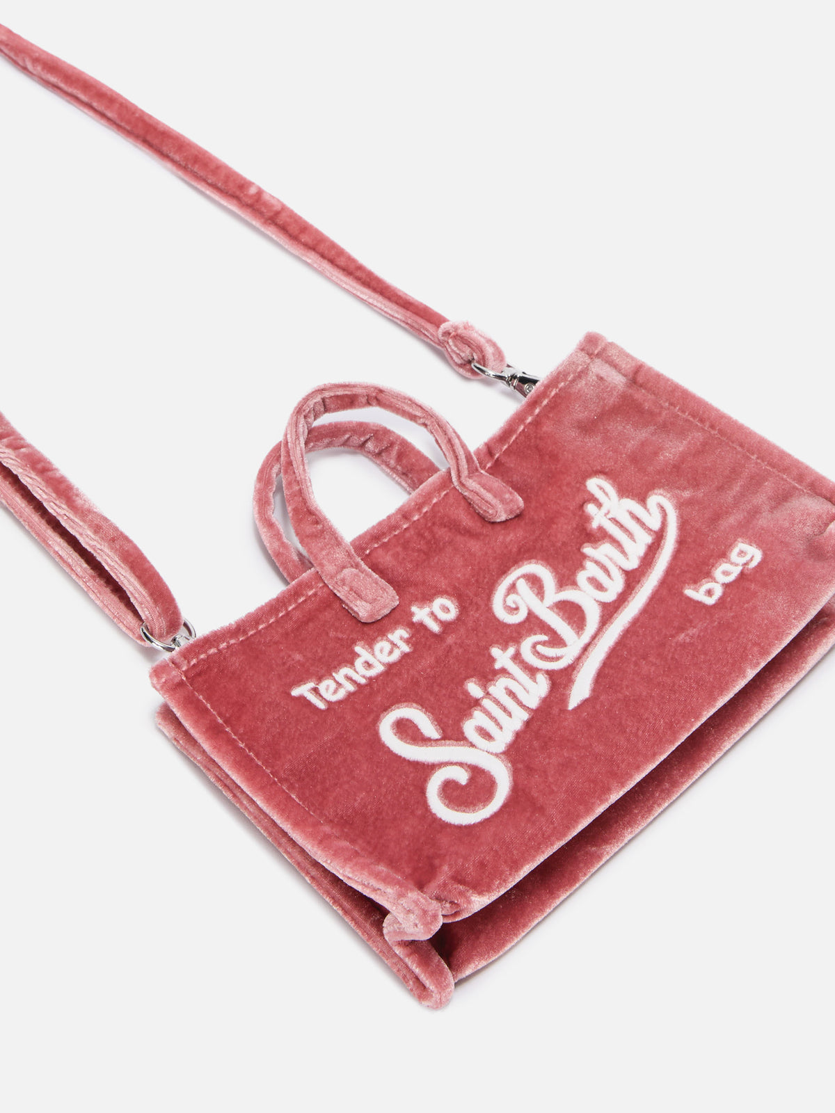 Bolso para teléfono rosa en terciopelo con bordado del logo 