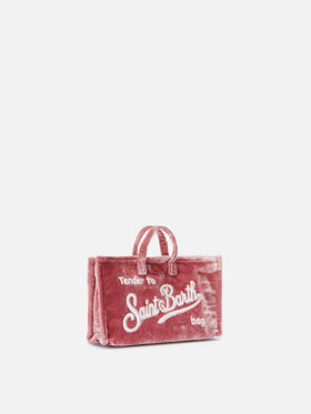 Bolso para teléfono rosa en terciopelo con bordado del logo 