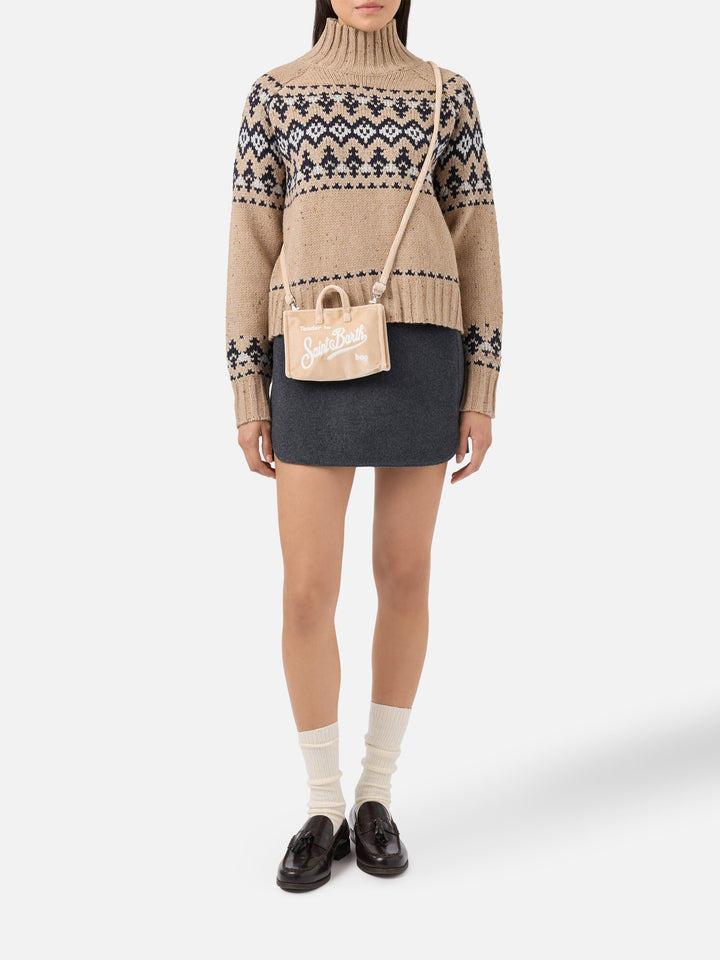 Bolso para teléfono beige de terciopelo con bordado del logo 