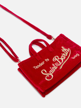 Bolso para teléfono rojo en terciopelo con bordado del logo 