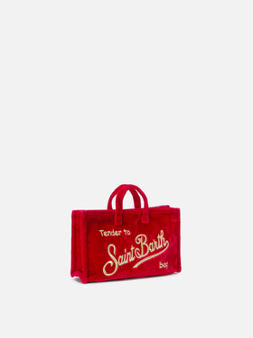 Bolso para teléfono rojo en terciopelo con bordado del logo 
