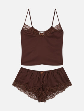 Conjunto Pilar de top y shorts en marrón oscuro con encaje 