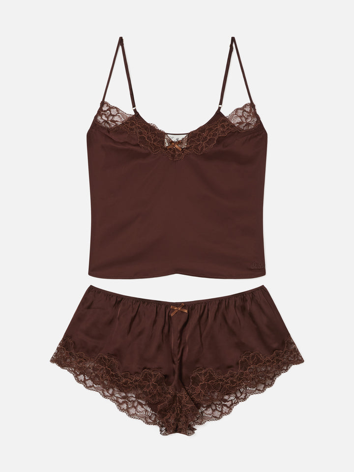 Conjunto Pilar de top y shorts en marrón oscuro con encaje 