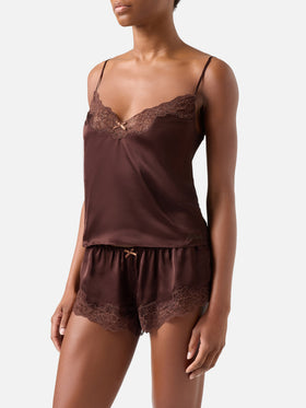 Conjunto Pilar de top y shorts en marrón oscuro con encaje 