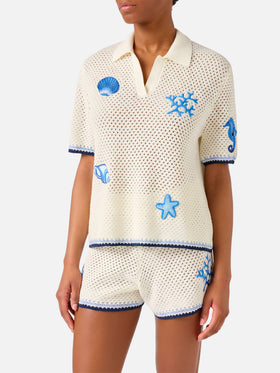 Pixie openwork knit polo with marine patches