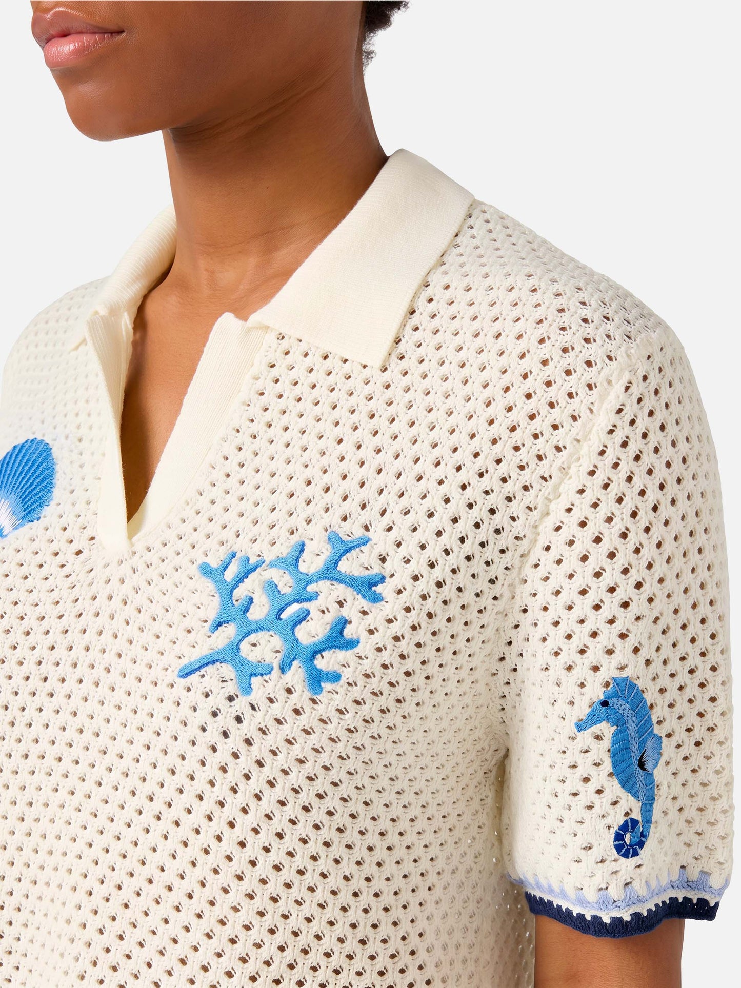 Pixie openwork knit polo with marine patches