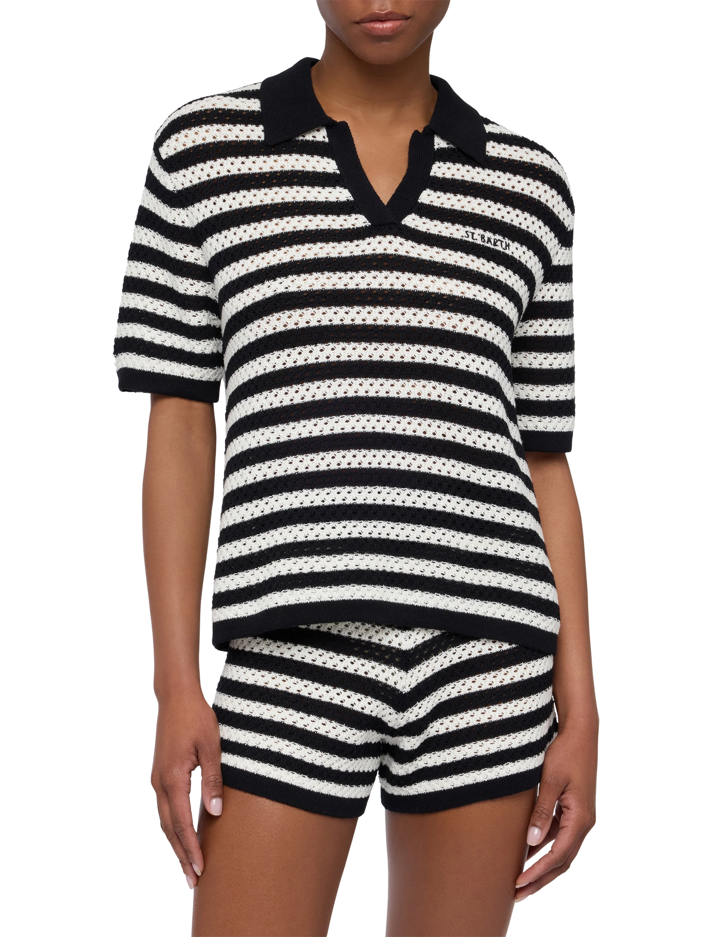 Pixie – Schwarzes Strickpolo mit Streifen