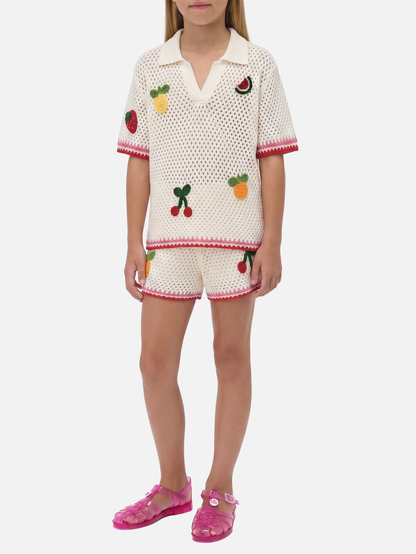 Polo Pixie Jr en mezcla de algodón blanco con parches bordados 