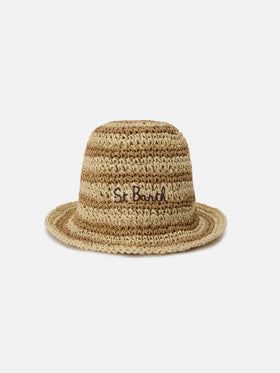 Cappellino Polly bucket hat a righe beige e bianche con logo ricamato