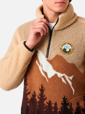 Giacca Polar beige in sherpa con motivo montagne sfumate