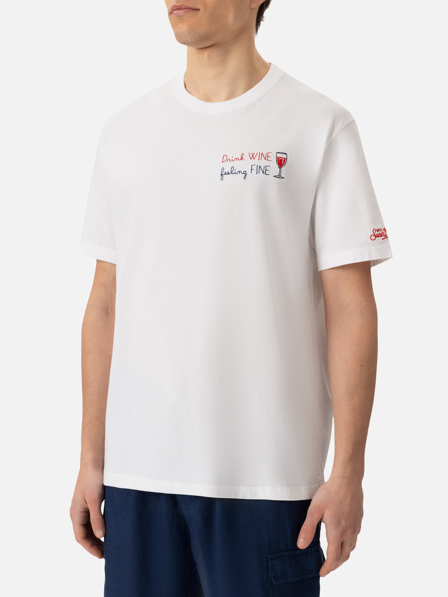 T-Shirt Portofino aus Baumwolljersey mit klassischer Passform und Stickerei „Drink WINE feeling FINE“