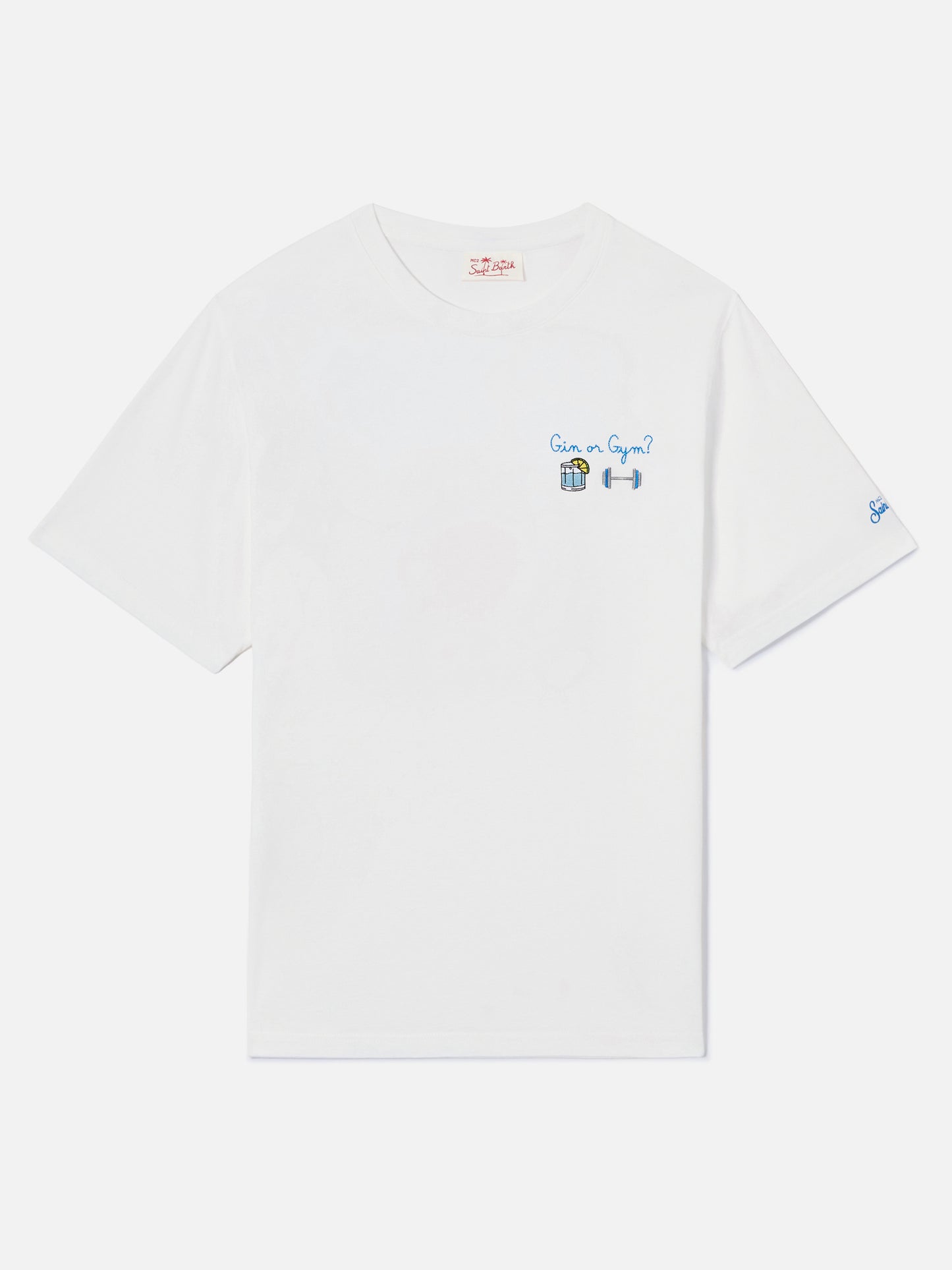 White Portofino T-shirt with Gin Or Gym? embroidery